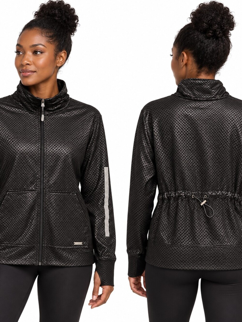 Nine West Active Womens M Black Textured Full Zip Jacket Thumbholes Cinch Waist